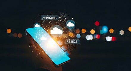 Hand holding phone with cloud computing approval and reject icons against blurred background