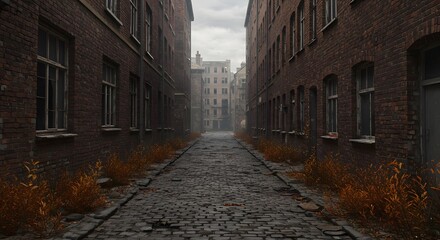A narrow cobblestone alleyway lined with old brick buildings under a cloudy and overcast sky above them all ai generative