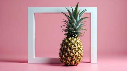 Pineapple inside a white frame on pink background. With white frame and pink surface. Minimalistic style with tropical fruit. Bright colors.