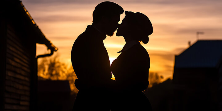 Silhouette of embracing couple set against a vibrant sunset backdrop. A romantic moment captured with soft, golden lighting and a warm, intimate embrace.
