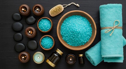 Still life of spa elements including candles, stones, salts, towel and brush on a dark surface ai generative