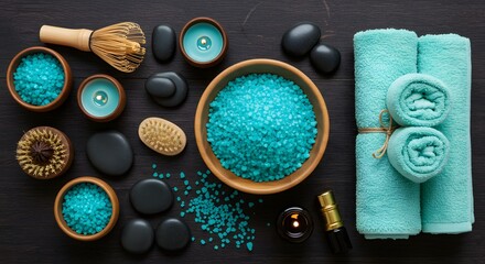 Overhead shot of spa essentials including towels stones candles and bath salts on a black surface ai generative