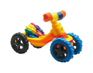 Colorful toy tricycle for kids playroom toy fun isolated on transparent background, png