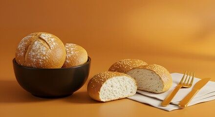 Still life of bread rolls in a bowl and on a napkin with golden cutlery on an orange background ai generative