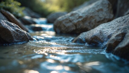 Rocks and flowing water in a stream or river with sunlight reflecting off the surface. Nature and outdoor scene. Water, rocks, and natural environment.