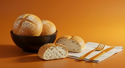 Still life of kaiser rolls in a bowl with cut rolls and golden cutlery on an orange background ai generative