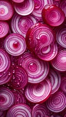A vibrant closeup of sliced red onions with water droplets, showcasing their intricate patterns and textures, perfect for culinary and healthy eating themes