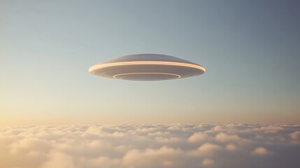 UFO over clouds, radiating a soft light. A futuristic object is spotted in the sky, generating a sense of wonder and mystery during sunrise.