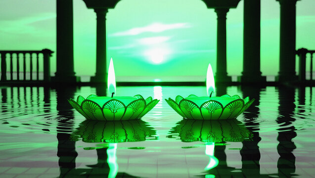 Two vibrant green lotus candles floating on rippling water with architectural columns and sky reflection