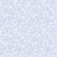 Vintage floral background. Cute floral pattern with small white flowers on a pastel gray lilac background. Seamless pattern for design and fashion prints. Ditsy style. Stock vector illustration.

