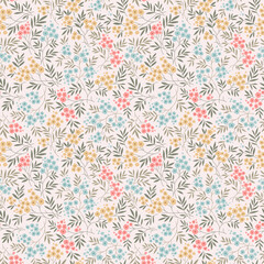  Cute floral background. Floral pattern with small red, blue and yellow hand drawn flowers on a ecru background. Seamless pattern for design and fashion prints. Ditsy style. Stock vector illustration.