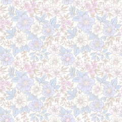 Fototapeta premium Cute floral pattern in small flowers. Small pastel color hand drawn flowers. White background. Ditsy print. Floral seamless background. Template with flowers for fashion prints. Stock floral pattern. 