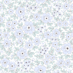 Seamless floral pattern. Cute bouquet of small light pastel blue color flowers. Light flowers on white background in trendy fashion vintage liberty style. Stock vector for prints on surface. Print.  © ann_and_pen