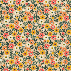 Retro floral pattern in small flowers. Small red and orange flowers. Light yellow background. Ditsy print. Floral seamless background. Cute vintage template for fashion prints. Stock floral pattern
