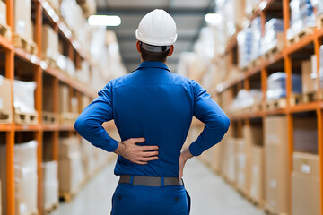 Warehouse Worker Back Pain: A worker in protective gear experiences back discomfort amidst tall shelves of packed boxes in a warehouse. Safety and ergonomics matter.