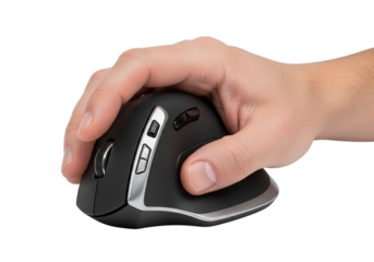 Hand holding black ergonomic vertical mouse for comfortable office work and digital productivity