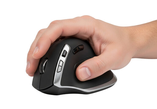 Hand holding black ergonomic vertical mouse for comfortable office work and digital productivity