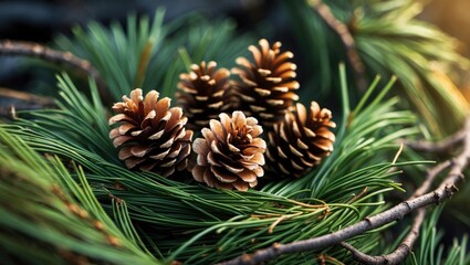 Fototapeta premium Pinecones nestled among green pine needles in a natural setting.