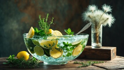 Fresh lemon and mint in a glass bowl, with lemon slices and herbs, on a rustic wooden table.