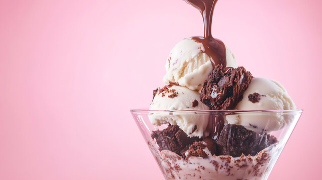 Delicious ice cream sundae with brownies and chocolate sauce on a pink background. A decadent dessert perfect for a treat or celebration. Yum! - Powered by Adobe