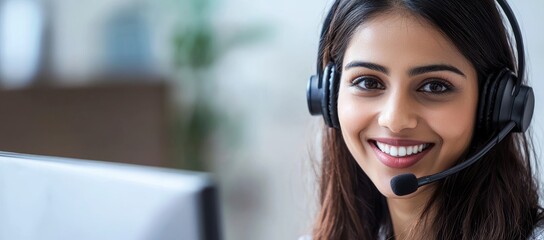 Smiling young call center agent with headset working at a computer in a bright office, offering professional customer service and remote communication support