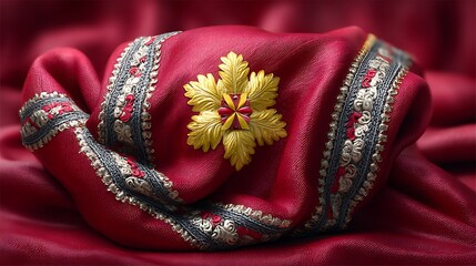 Maroon satin folds with metallic gold overlays forming elegant spirals and heraldic motifs, glowing with inner light