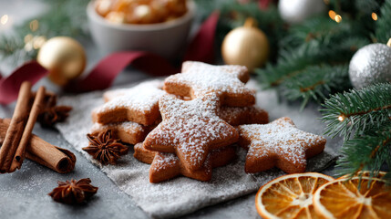 Gingerbread cookies shaped like stars amidst festive decorations and greenery for Christmas celebration