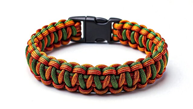 Stylish paracord bracelet handcrafted in vibrant orange and green hues for outdoor adventures