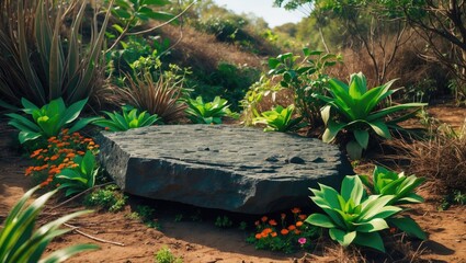 Obraz premium A large flat rock surrounded by green succulent plants and orange flowers in a dry, sunny landscape.