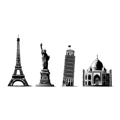 Obraz premium Famous landmarks around the world in black and white silhouette.