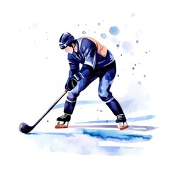 Dynamic watercolor painting of curling player in motion with sliding stone for sports art decor