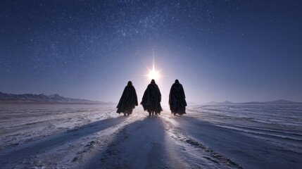 Three wise men journey across a vast landscape under a brilliant star at night