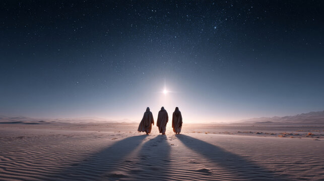 Three wise men journey through a starry desert toward a distant light in search of a king