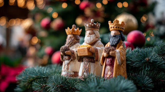 Handcrafted three kings figurines celebrating Christmas in a festive setting with Christmas trees and decorations