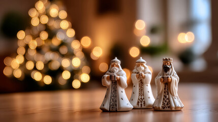 Miniature ceramic wise men figurines for Christmas celebration in a cozy setting