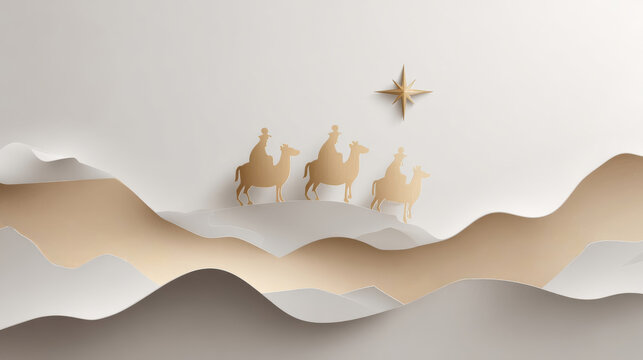 Three wise men on camels traveling through layered paper landscape in celebration of Christmas - Powered by Adobe