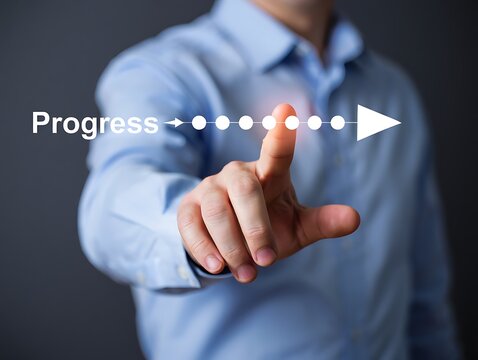 Man s finger touching a progress bar with the word progress and a play button indicating forward movement and achievement