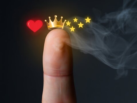Fingerprint with golden crown red heart and glowing stars symbolizing success and recognition