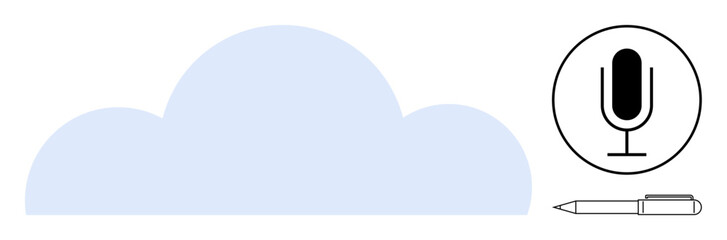 Blue cloud shape with black microphone in circular frame and narrow pen outline. Ideal for cloud computing, podcasting, data storage, audio tools, creativity, digital writing, simple landing page