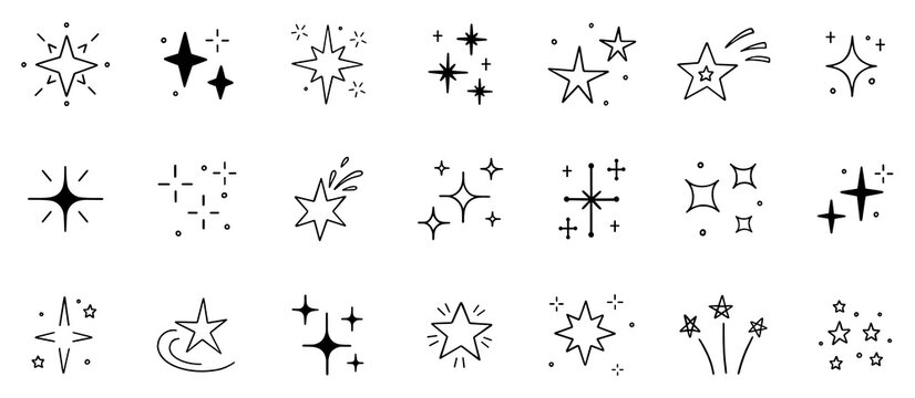 Stars and sparkles doodle set. Christmas blink, firework, glitter silhouette and glowing symbols, comic twinkle effect in sketch style. Hand drawn vector illustration isolated on white background