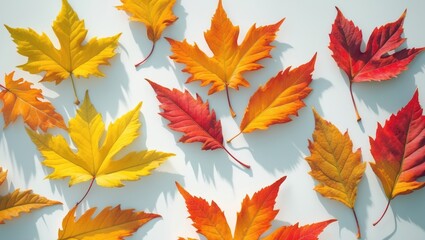 Obraz premium Autumn leaves in shades of yellow, orange, and red scattered on a light background.