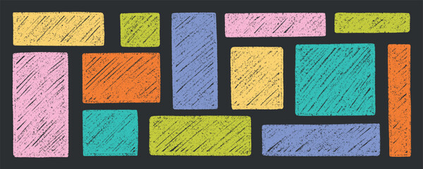 Text box crayon, chalk pencil frames doodle set. Kids color borders in sketch style, rectangular and square shapes, grunge texture. Hand drawn vector illustration isolated on black background © AnyaLi