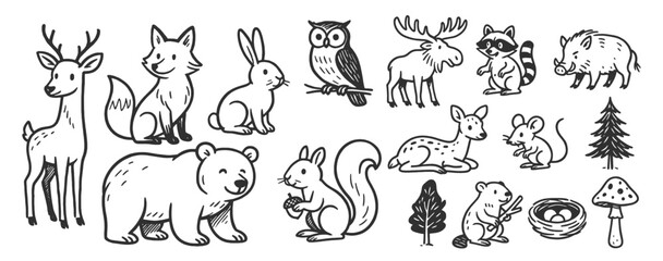 Woodland animals doodle icon set. Cute hand drawn sketch illustrations of bear, deer, fox, squirrel, owl, raccoon. Black and white cartoon art for forest wildlife.