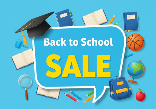Promoting a Back to School Sale text displayed in a blue speech bubble with school related items decorations on a soft blue background. - Powered by Adobe