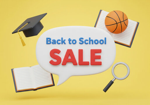 Promoting a Back to School Sale 3d text displayed in a white speech bubble with 3d school related items decorations on a soft yellow background. - Powered by Adobe