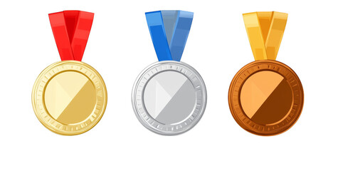 Trio of vibrant gold silver bronze medals celebrate victory and achievement