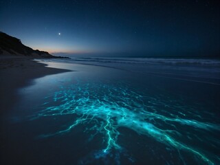 ioluminescent Ocean Plankton Glowing in Dark Seawater at Night