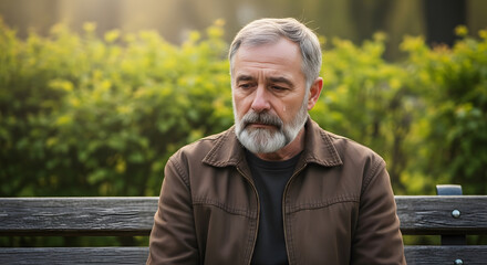 Elderly Man with Grey Hair and Beard Wearing a Brown Jacket Looking Down with a Tear.