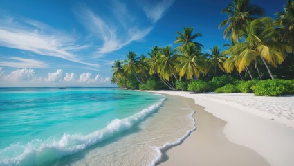 Tropical beach with white sand, turquoise water, and lush palm trees under a bright sky.