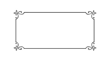 A simple, elegant rectangular frame with classic vintage filigree flourishes on each corner, isolated on a white background.